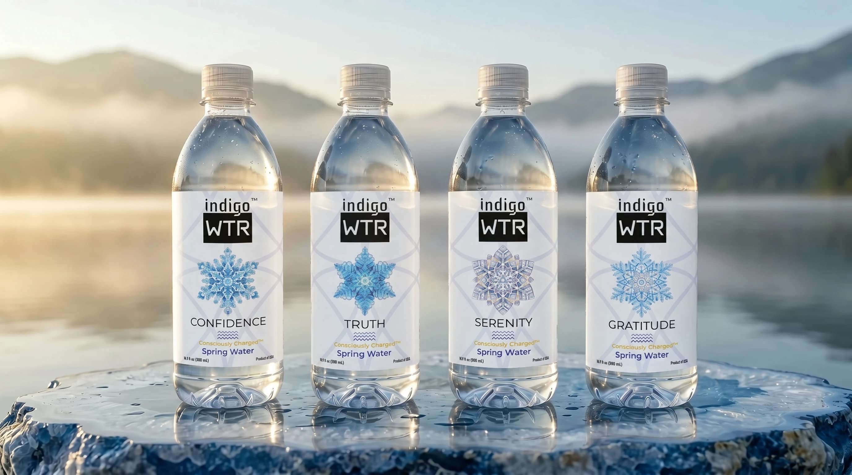 indigoWTR Confidence, Truth, Serenity, and Gratitude spring water bottles
